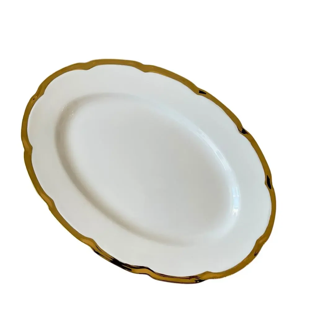 Yedi White Oval Serving Platter 14in Ceramic Gold Rim New